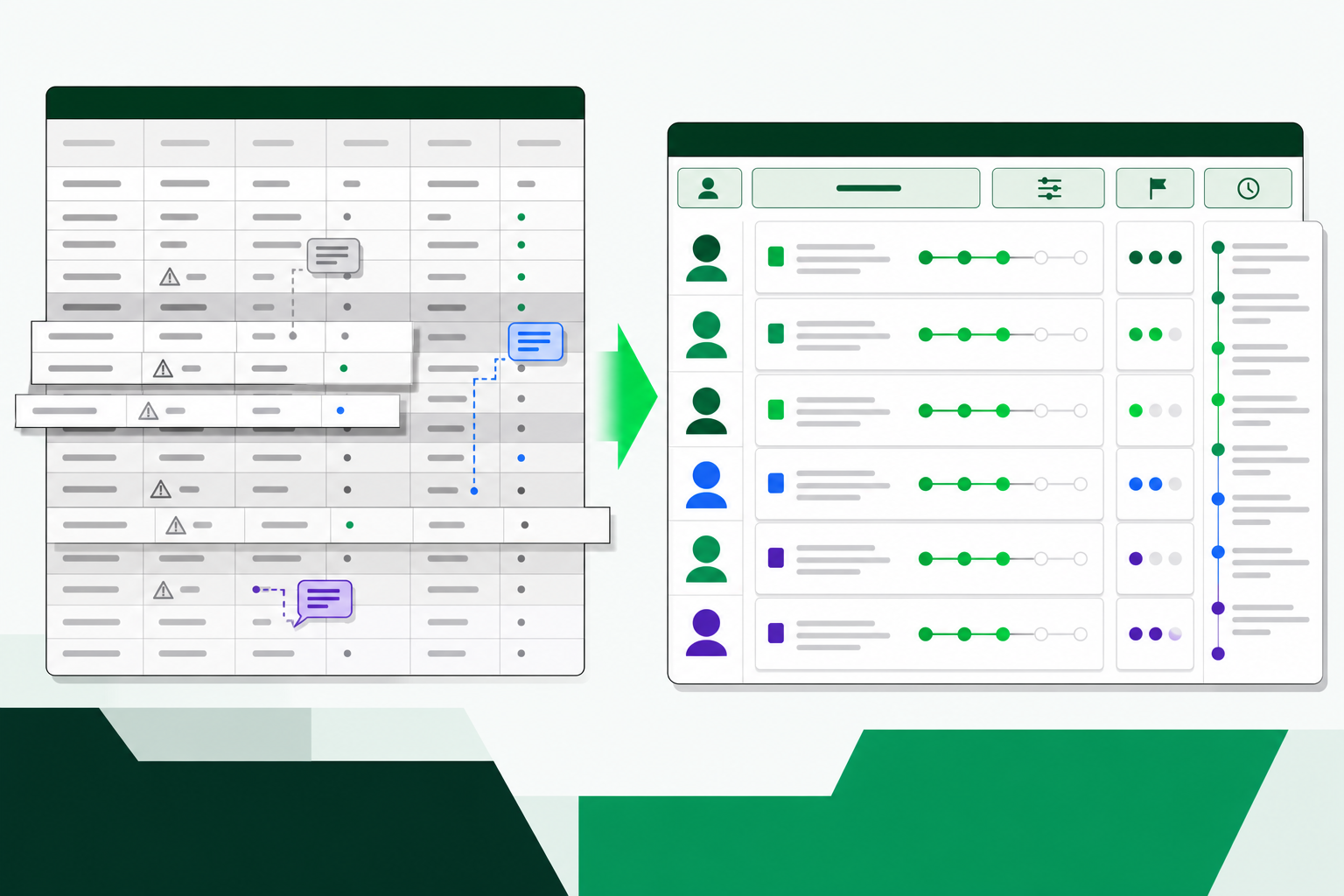 Illustration comparing a cluttered spreadsheet with a clear, collaborative risk workflow